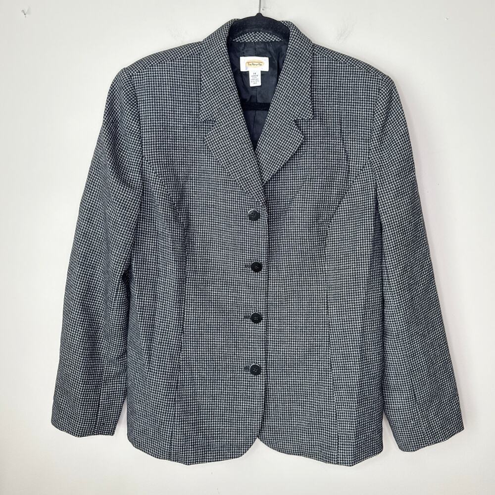Talbots Women’s 14 Black White Houndstooth 100% Wool Blazer Made In USA Office